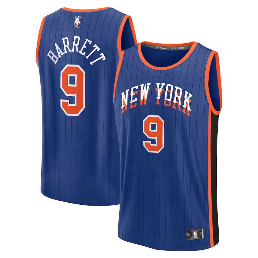 Men New York Knicks 9 RJ Barrett Fanatics Branded Blue City Edition 2023-24 Fast Break NBA Jersey